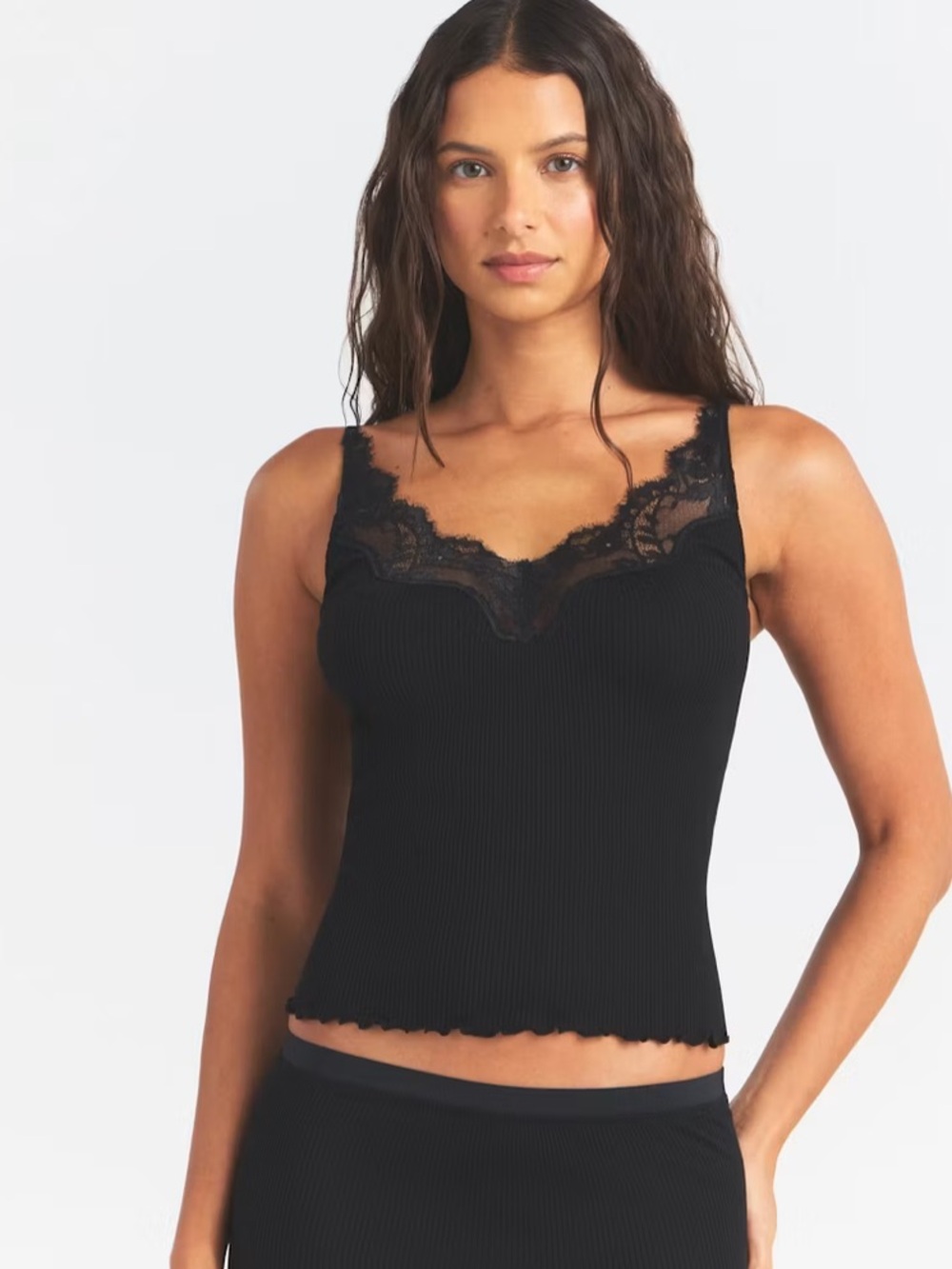 SKIMS Black Ribbed Lace-Trim Camisole